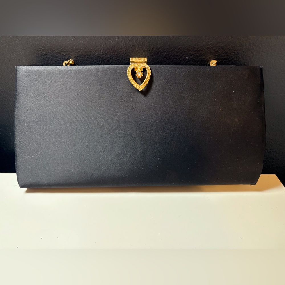 Vintage Black Clutch with Gold Heart Clasp & Small Handle